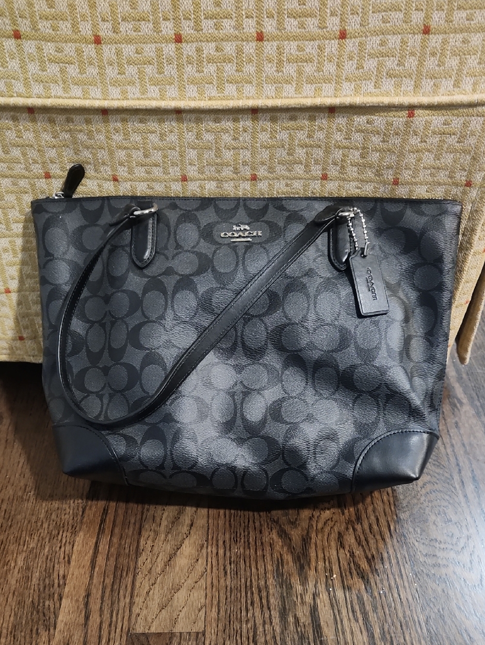 Coach Black Signature Canvas Tote with Leather Trim